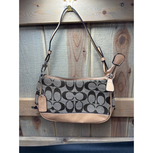 Coach Signature Beige & Brown Canvas & Leather Small Handbag With Zip Closure